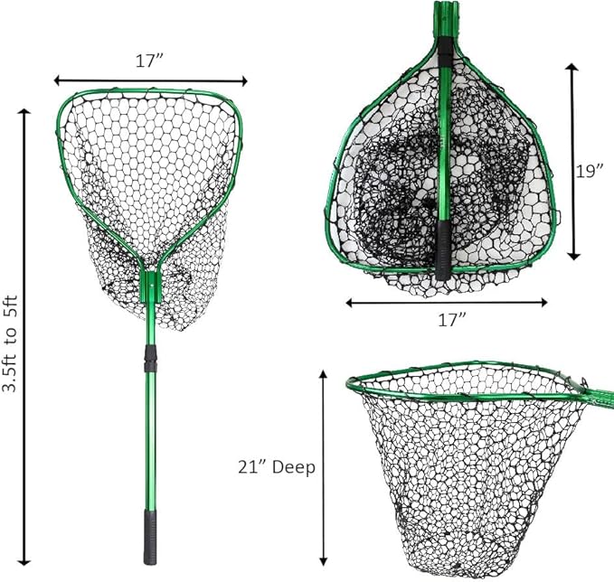 UMT Telescopic Fishing Landing Net (3.6–5 ft) — 17" x 19" Large Hoop, 21" Deep Silicone Rubber Mesh, for Freshwater & Saltwater, Green