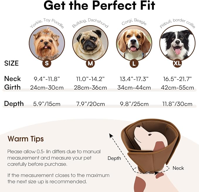 Queenmore Soft Dog Cone Collar,Comfortable Cones for Small Dogs/Cat to Stop Licking After Surgery, Comfy Elizabethan Collars, Neuter Recovery Ecollars of Shame Alternatives,Coffee,M
