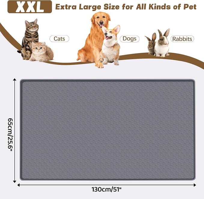 Cat Food Mat, 51" x 25.6" Pet Feeding Mat Extra Large Silicone Cat Litter Mat with Raised Edge Pet Placemat for Food and Water Bowl Non-Slip, Easy to Clean, Floor Protection (Dark Grey)