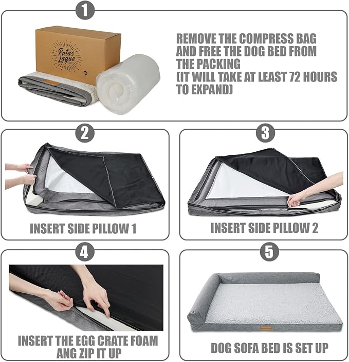 Patas Lague Orthopedic Dog Bed Medium Size Dog 30''X20'', Waterproof L Bolster Medium Pet Sofa Beds with Removable Washable Cover, Soft Pet Couch Crate Mat with Nonskid Bottom, Pink