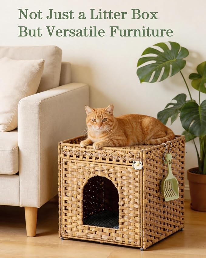 SETVSON Cat Litter Box Enclosure Furniture, Hidden Litter Box with Mat and Fence, Handwoven Rattan Cat House with Two S-Shaped Hooks for Living Room, Bedroom, 18.5 x 20.5 x 19.1 Inches (Natural)