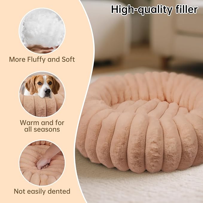Donut Dog and Cat Bed, Luxurious Comfortable Faux Rabbit Fur Pet Beds, Round Anti-Anxiety Calming Puppy Kitten Bed with Anti-Slip Bottom for Small Medium Dogs & Cats(31", Brown)