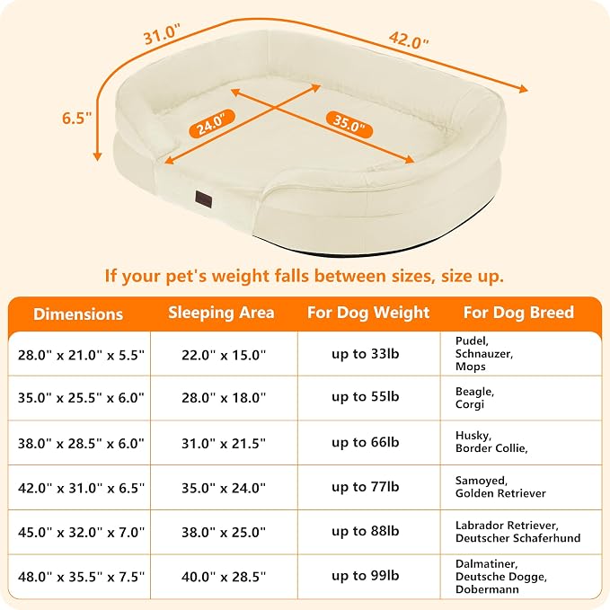 Dwanton Orthopedic Dog Bed for Large Dogs with Gel Memory Foam, Waterproof Dog Sofa, Washable Pet Bed with Four Sided Bolster Cushion, Removable Cover & Non-Slip Bottom, 42", Beige