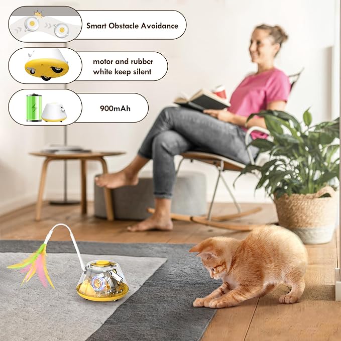 3 in 1 Interactive Cat Toys for Indoor Automatic Cat Laser Toy with Removable Feather Toy,3 Self Moving Modes, Smart Standby, USB Powered,Rubber Wheels Automatic Kitten