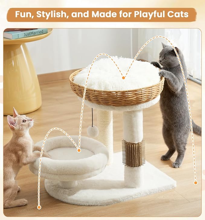 Made4Pets PE Rattan Cat Tree Tower with Scratching Post, 18 inch Small Cat Tree for Kittens, Handwoven Wicker Basket Bed with Soft Cushion, Cozy Cat Bed, Self Groomer and Hanging Plush Ball Toy