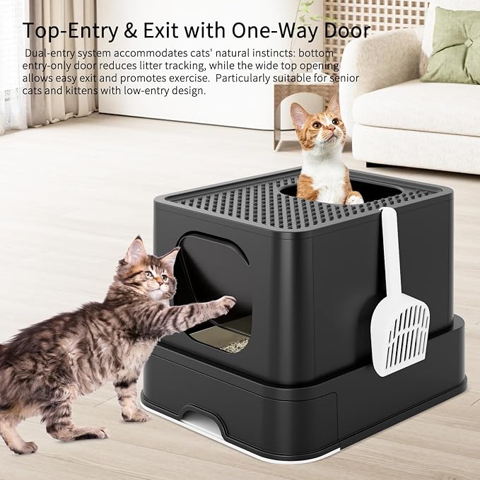RIZZARI Stainless Steel Cat Box: All Black Covered Design with High Sides to Prevent Leaks - Easy-Clean Drawer & Non-Stick Coating for Odor Control - Dual Entry with Top Exit - Bathroom Garage