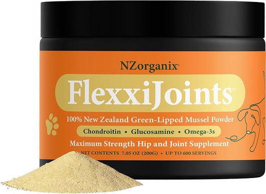 NZorganix FlexxiJoints 100% New Zealand Green-Lipped Mussel Powder, Hip & Joint Support Formula for Dogs & Cats, with Glucosamine, Chondroitin 200g (600 Servings)