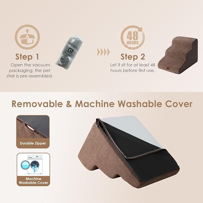 EHEYCIGA Curved Dog Stairs Ramp for Small Dogs 15.7" H, 3-Step Dog Steps for Couch Sofa and Chair, Pet Stairs for Cats, Non-Slip Balanced Pet Steps Indoor, Brown