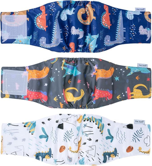 Pet Soft Dog Belly Band - 3 Packs Reusable Dog Diapers Male Doggy Diapers Wraps - Washable Dogs Belly Bands for Male Dogs (Dino, XS)