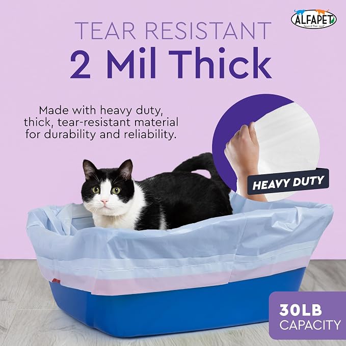 Alfapet Extra Large cat Litter Box Liners-6 Boxes- Heavy Duty 2 mil Thick Plastic, Clever Drawstring Liner for Easy Disposal- Flat Bottom for Easy, Secure Placement in Kitty Pan-Disposable