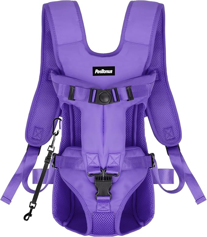 PetBonus Pet Front Dog Carrier Backpacks, Adjustable Pet Backpack, Legs Out Easy-fit Puppy Chest Carrier for Medium Small Dogs, Hands Free for Hiking, Cycling (Purple, M)
