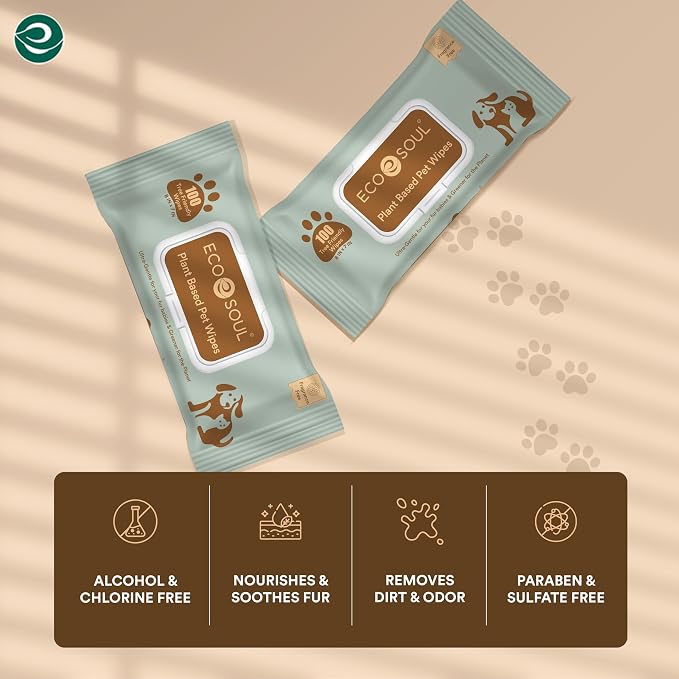 ECO SOUL Pet Wipes for Dogs & Cats, Unscented Large Cleaning Wipes with Aloe Vera & Jojoba Oil | (100 Count Each, Pack of 4)