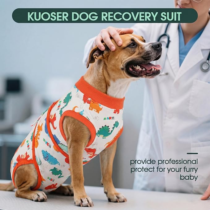 Kuoser Dog Surgery Recovery Suit, Soft Breathable Dog Recovery Suit for Female Spay Male Nueuter, Anti Licking Puppy Onesie Pet Surgical Suit for Dogs Abdominal Wounds Skin Disease, Dinosaur L