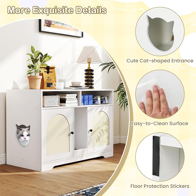 Tangkula Double Litter Box Enclosure, 43 Inch Hidden Litter Box Furniture with Shelves, Removable Scratching Board, 2 Sisal Mats, Large Enclosed Cat Box Enclosure for 2 Cats (White)