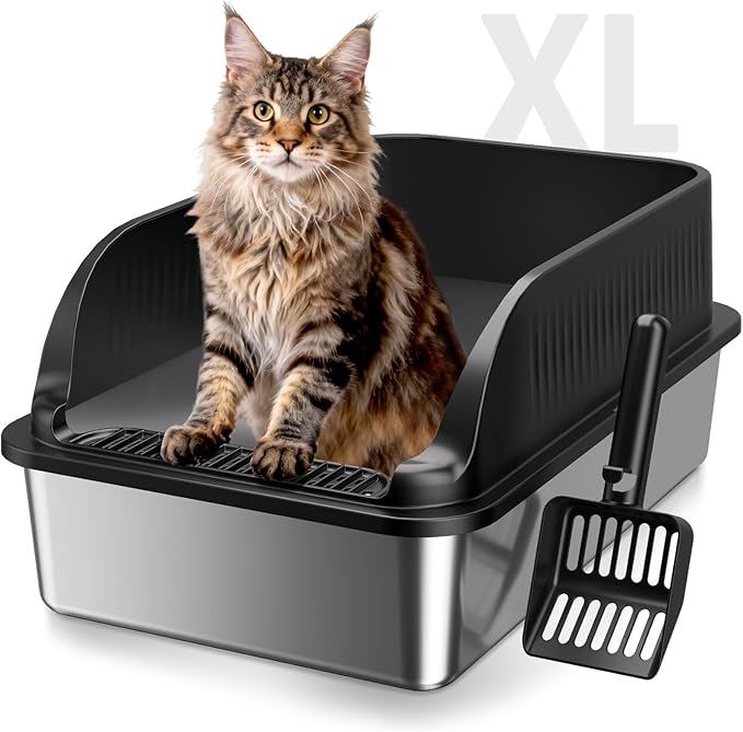 Stainless Steel Cat Litter Box with Lid, XL Extra Large High Sided Litter Box for Big Cats, Odor Free Open Top Litter Pan Easy Cleaning Anti-Urine Leakage Non-Stick, Includes Scoop