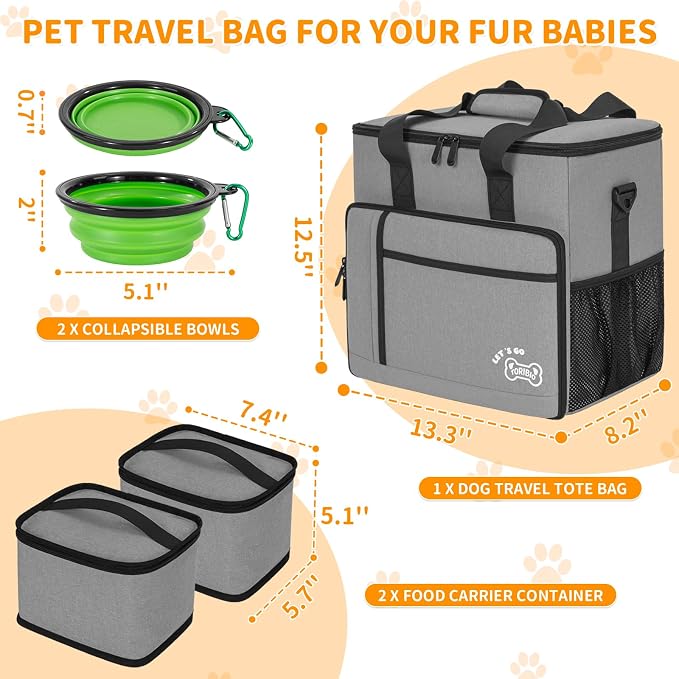 Dog Travel Bag,Large Pet Travel Bag for Supplies with 2 Food Container and Collapsible Bowls,Dog Travel Supplies Organizer Kit for Weekend,Road Trips,Camping