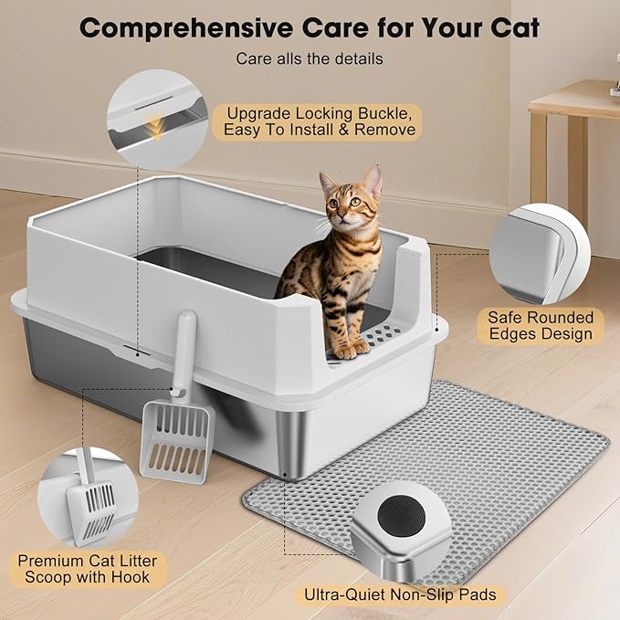 FURTIME Stainless Steel Cat Litter Box, Easy-Clean High-Sided Metal Litter Box, Open-Top Litter Pan for Large Cats, Includes Scoop & Mat, Non-Stick, Anti-Leakage, 23"×15"×10.5"