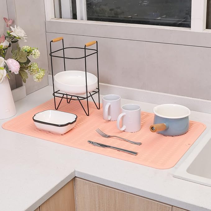 MicoYang Silicone Dish Drying Mat for Multiple Usage,Easy clean,Eco-friendly,Heat-resistant Silicone Mat for Kitchen Counter or Sink,Refrigerator or Drawer Liner Pink 4XL 32 inches x 18 inches