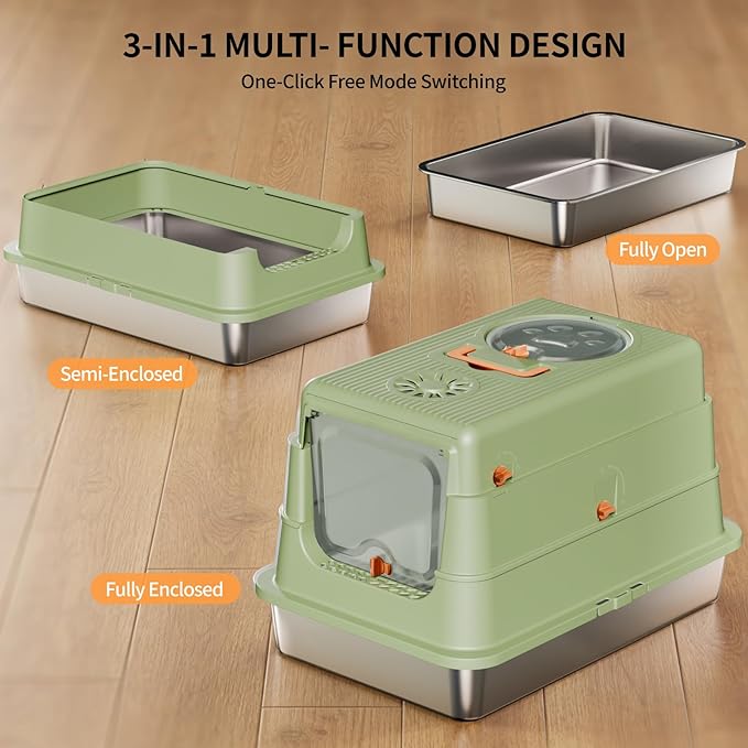 Stainless Steel Cat Litter Box with Lid, Extra Large Enclosed Metal Litter Pan with High Sides, Full Flip Cover Litter Box for Large Cat, Include Scoop & Step, Leak Proof Easy Clean Odor Control,Green