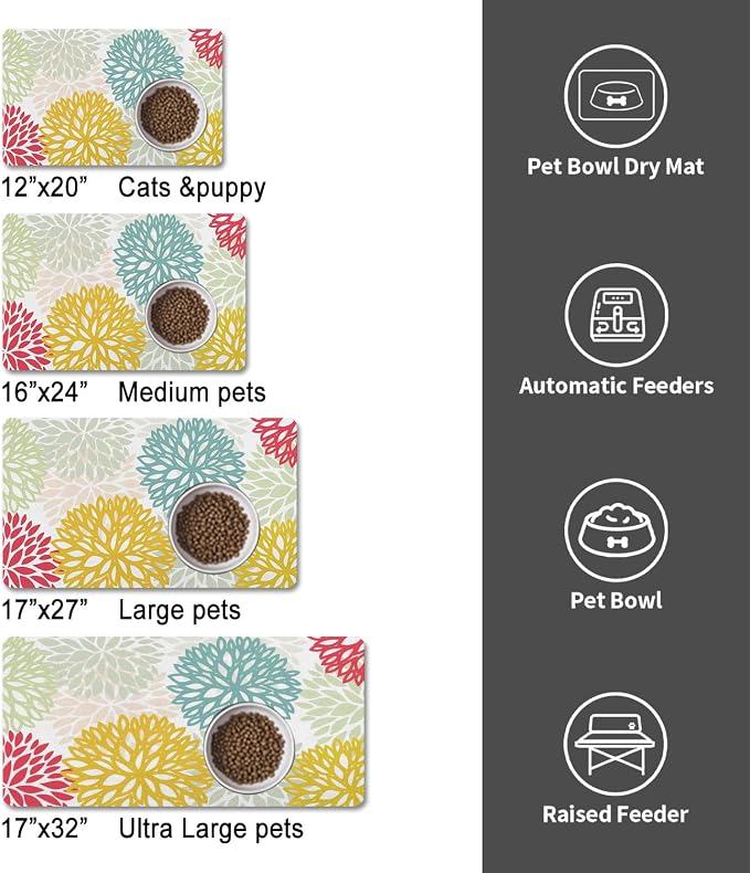 Dog Food Mats for Floors, Absorbent and Quick-Drying Pet Cat Food Mat,Anti-Fouling and Easy-to-Clean Pet Feeding Mat,Dog Bowl Mat for Messy Drinking Water Bowls.12x20, Bohemia Dahlia Floral Style