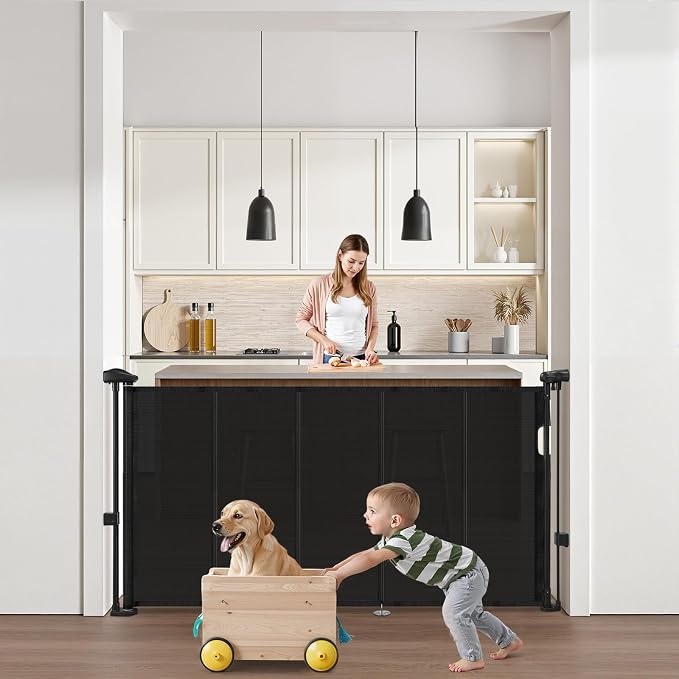 VEVOR Retractable Baby Gate, 34 inch Tall, Extends up to 55 inch Wide, Retractable Gate for Kids or Pets, Mesh Material, Easy to Install for Indoor Stairs, Doorways, Hallways, Playrooms, Black