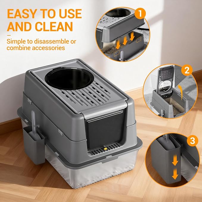 Stainless Steel Cat Litter Box with Dual Entry, Large 24”Enclosed Pan with Front Door & Top Entrance, 180° Flip-Top Lid for Easy Cleaning & Odor Control, for Large Cats & Multi-Cat Homes-Light Black