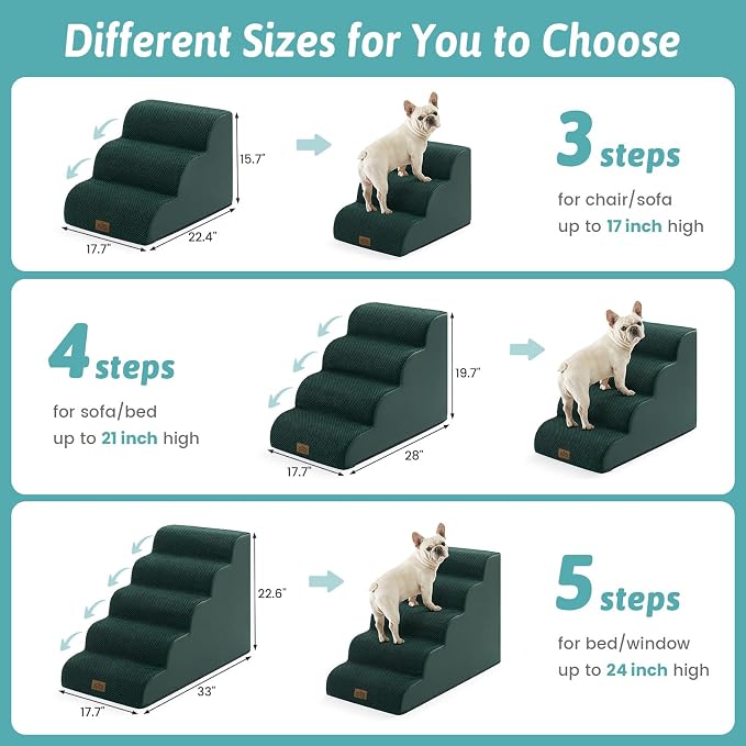 COZY KISS Wide Dog Stairs for Small Dog 15.7" H, Pet Step for Puppy, Older Cat, Curved Ramp for Couch, Durable Anti-Slip Ladder with High Density Foam, 3 Step, 17.7x22.4x15.7 inch, Dark Green