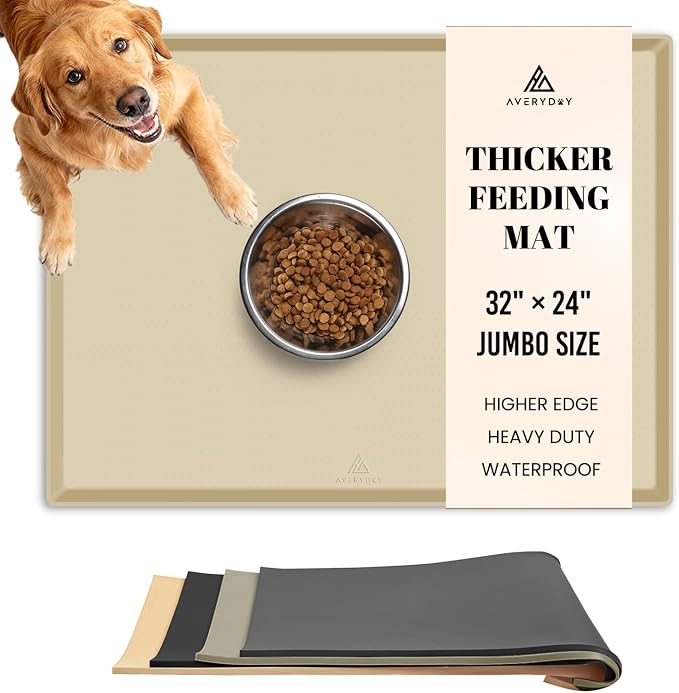 AVERYDAY 100% Waterproof Thicker Silicone Dog Food Mat, 0.63'' Raised Edge Bowl Mat for Food & Water, Non Slip Pet Feeding Placemat for Messy Drinkers, Perfect for Large Medium Small Breeds, 32"x24"