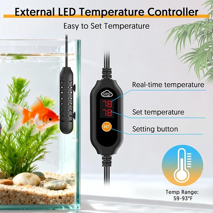 QZQ Aquarium Heater, 100W Adjustable Fish Tank Heater with Digital Display, External Temperature Controller, Submersible Turtle Tank Heater for 10-20 Gallon Tanks
