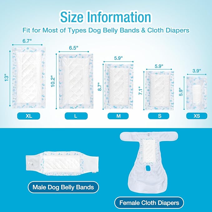 Pet Soft Dog Diaper Liners - Disposable Dog Diaper Booster Pads for Male & Female Dogs fit Most Dog Wraps and Belly Bands Up-Graded (Blue, L-50ct)