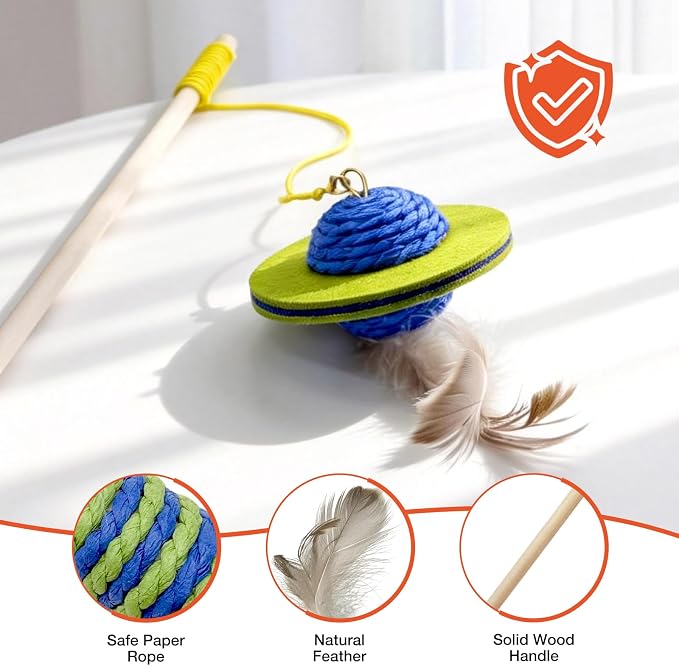 UTEE Cat Wand Toy for Indoor Cats, Interactive Teaser Set with Solid Wood Handle, 7 Replaceable Refills, Natural Paper Rope Crinkle Attachments for Kittens to Chase & Exercise