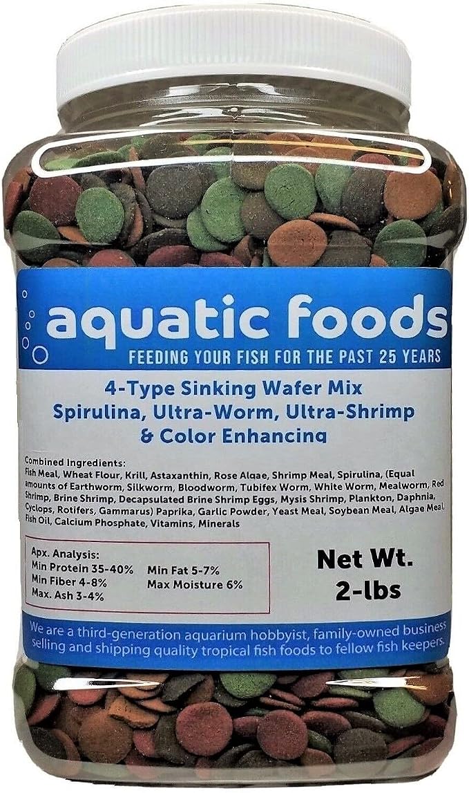 4-Type Ultra Mix of 12mm - 1/2'' Wafers, Spirulina-Algae 6-Type Worm 10-Type Shrimp Wafer, Intense Color Enhancing Wafers. Plecos, Shrimp, Snails, All Tropical Fish..2-lb Jar