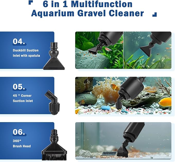AQQA Electric Aquarium Vacuum Gravel Cleaner, 6 in 1 Automatic Fish Tank Vacuum Cleaning Tools Kit Water Changer, Multifunction Wash Sand Filter Water Circulation 20W 320GPH 110V