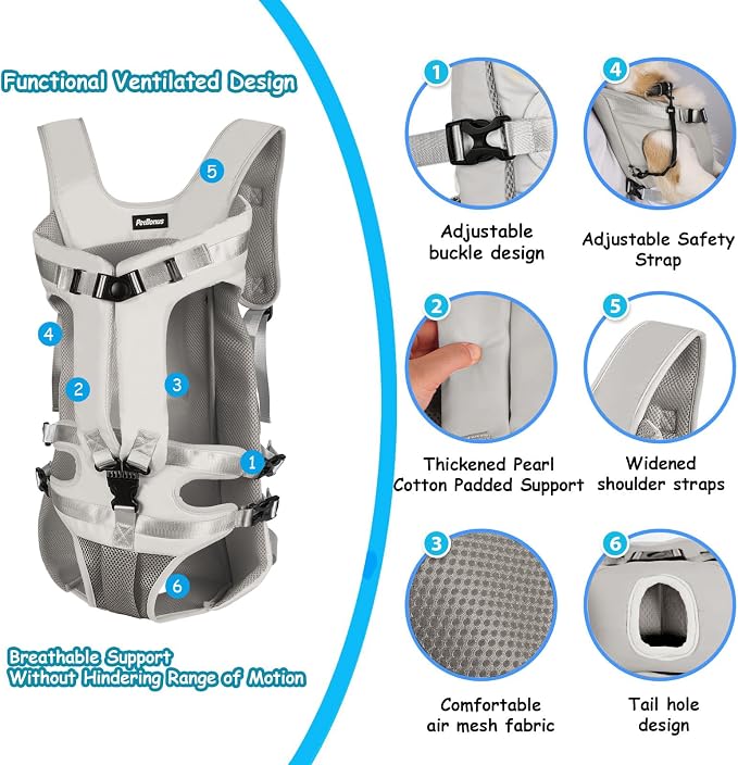 PetBonus Pet Front Dog Carrier Backpacks, Adjustable Pet Backpack, Legs Out Easy-fit Puppy Chest Carrier for Medium Small Dogs, Hands Free for Hiking, Cycling (Grey, XL)