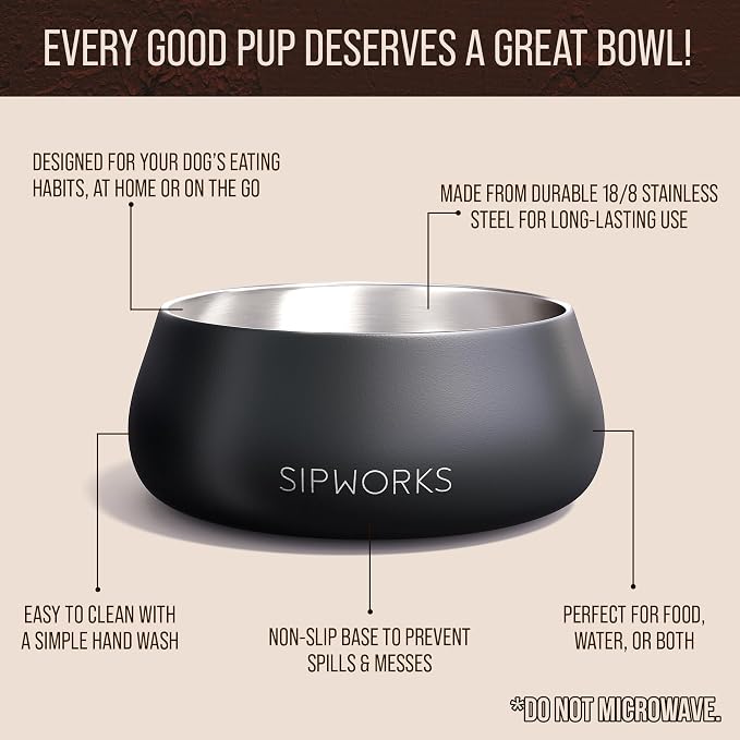Sipworks Stainless Steel Dog Bowl – 32oz Weighted Metal Food and Water Bowls for Dogs and Cats with Non-Slip Base - Pet Bowls for All Breeds Sizes for Travel & Outdoor Play - Steel