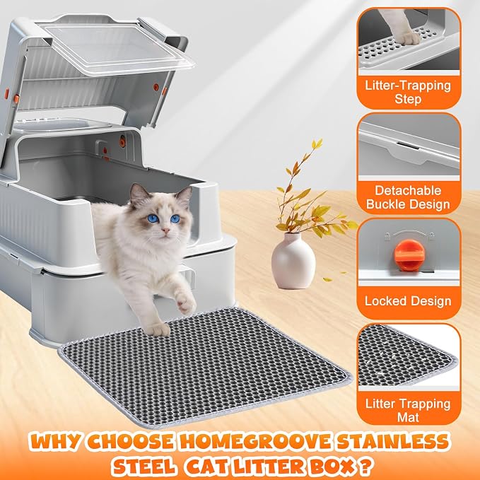 Homegroove Enclosed Stainless Steel Cat Litter Box with Drawer, XL Large Metal Cat Box with Lid for Indoor Cats, Metal Covered Litter Pan with Litter Scoop& Pedal (Light Gray)