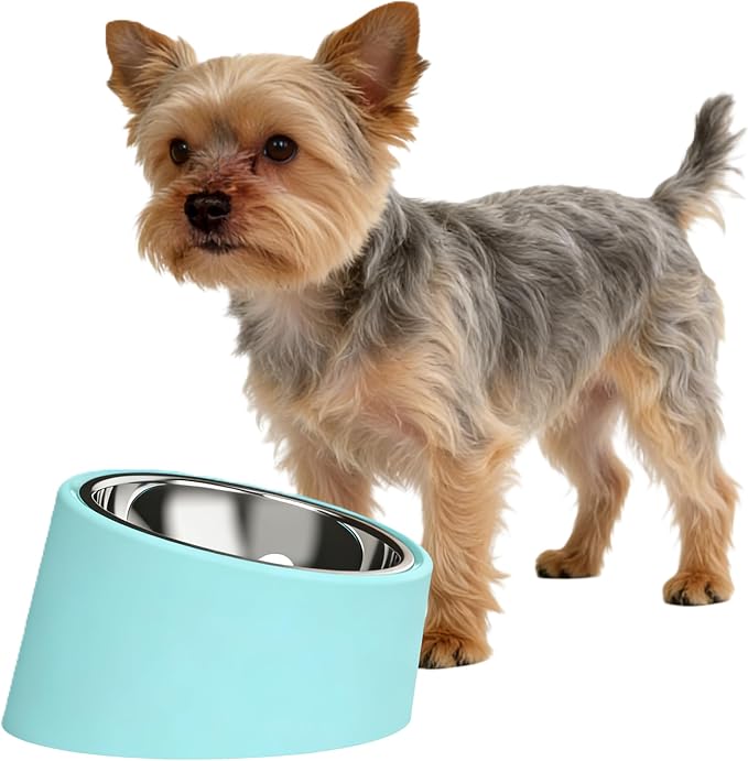 15° Tilted Anti‑Gulping Water Bowl for Medium Dogs (10-15kg, Blue, 350ml) – Non-Spill Stainless Steel Slow Water Feeder Dish, Vet Recommended Raised Pet Waterer