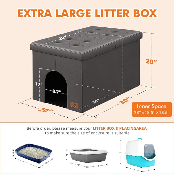 Cat Litter Box Enclosure Furniture for Odor Control, Hidden Cabinet Cat Litter Box Furniture Ottoman with Flip-Up Lid,Cats Litter Box Bench with Storage Space, Dog Proof (Gray-Faux Leather, X-Large)