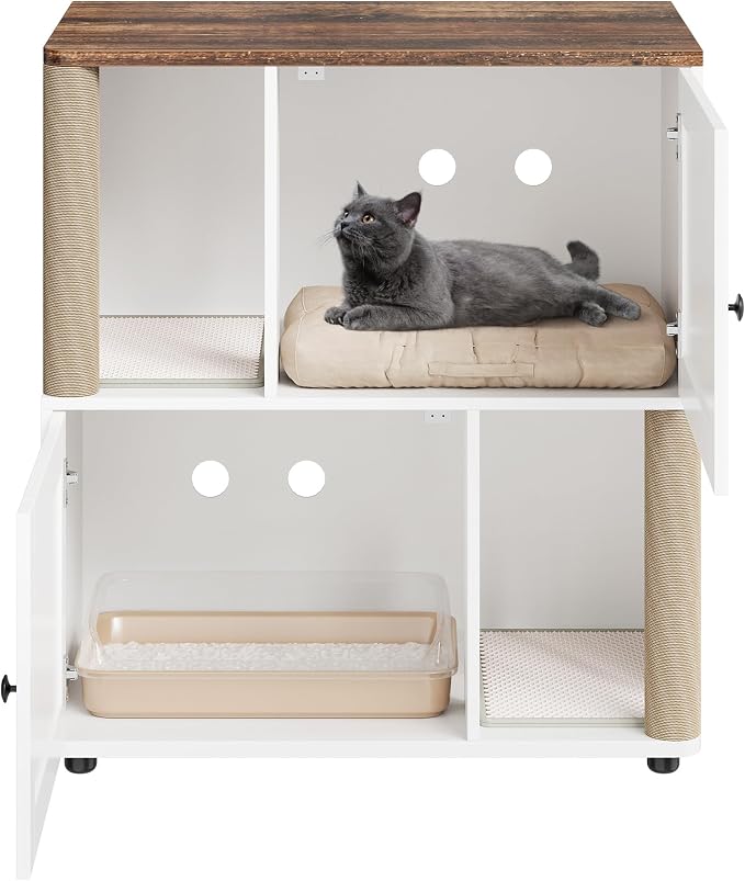 2 Tier Cat Washroom,Modern Farmhouse Double Cat Litter Box Enclosure Furniture,Hidden Cabinet with 2 Scratch Mats & Post, Multi-Functional End Side Table for 2 Cats, Odor-Control Wooden Washroom Cabin