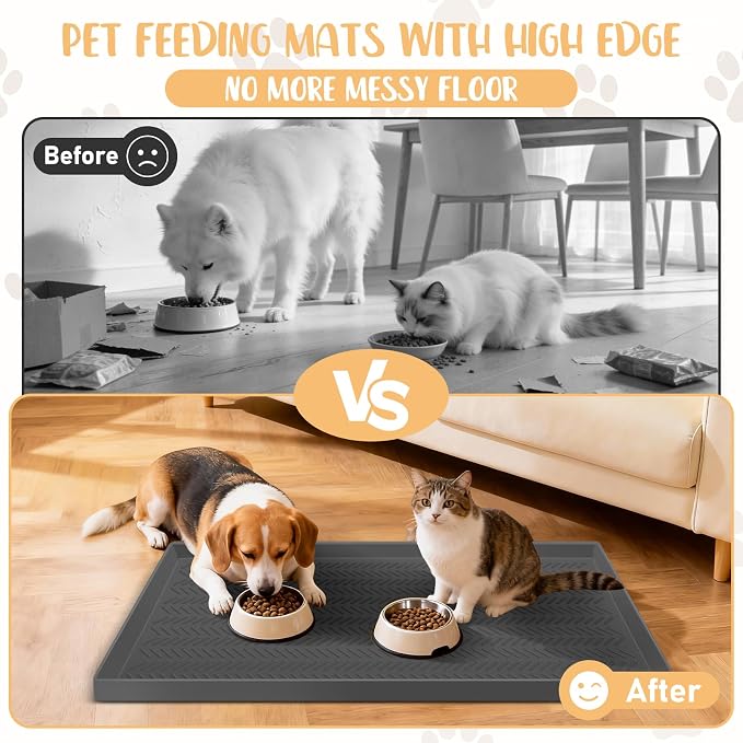 Kalolary Silicone Dog Feeding Mat, 48”x 16” Waterproof Pet Feeding Mat with High Raised Edge Avoid Spill Out, Nonslip Dog Bowl Placemats Cat Feeding Mats for Floors Easy to Clean, Grey