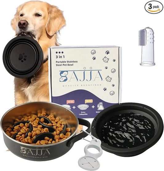 Black Slow Feeder Travel Dog Bowl Set – 30oz Stainless Steel + 20oz Collapsible Silicone Dish + Silicone Slow Feeder Insert | Water Bottle Holder | Non-Slip, Anti-Choking, BPA-Free – Claim