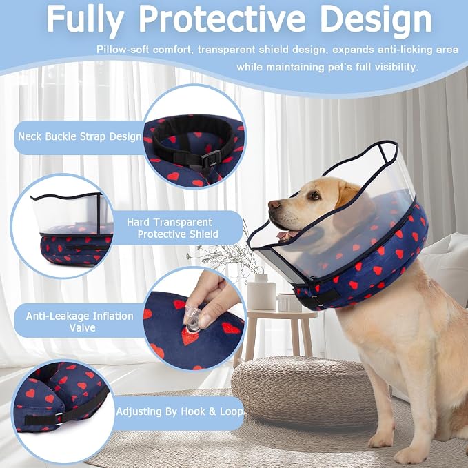 Inflatable Dog Cone Collar with Enhanced Anti-Licking Shield – Soft Adjustable Recovery Collar for Dogs & Cats After Surgery – Fits Large, Medium, Small Pets (Blue Love, X-Large)