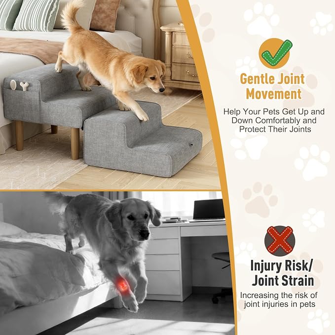 PakaLife Foldable 2-in-1 Dog Ramp Ottoman, Solid Wood Dog Steps for Bed & Couch, Washable Cover, 135lb Capacity, for Small, Senior Dogs & Old Cats to Get on Bed(Only for Small Dogs)