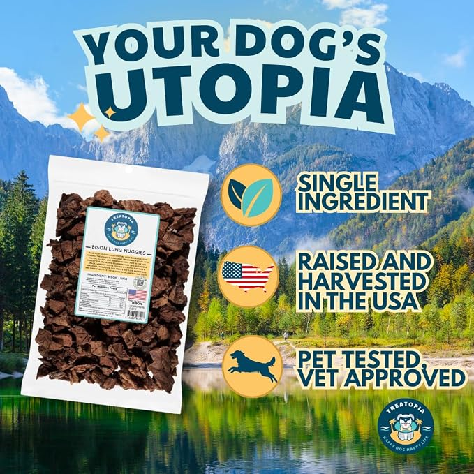TREATOPIA Bison Lung Nuggies Bites Dog Treats, 8 Ounce Bag - All-Natural, Sustainable, Healthy, Premium High Protein, Hand-Trimmed, Slow-Roasted, Made in The USA, Nutritious, No Additives, No Fillers
