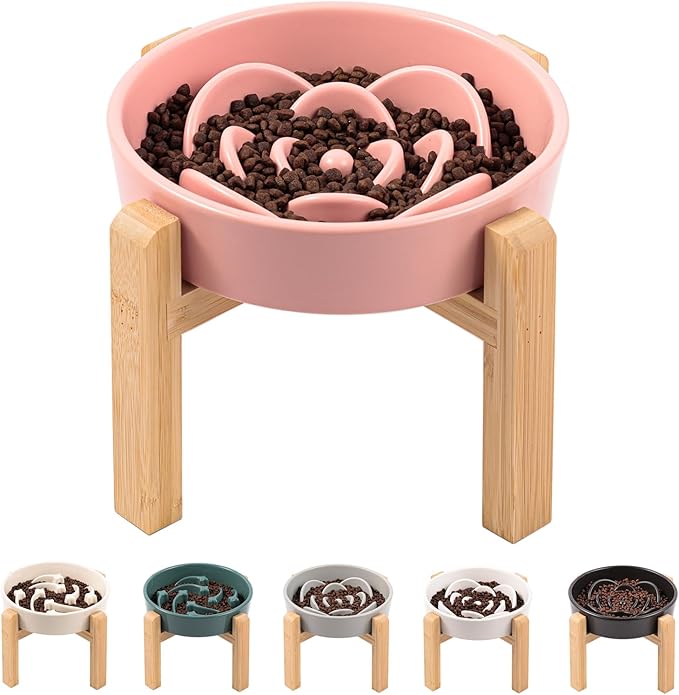 Pink Ceramic Slow Feeder Dog Bowl for Small and Medium Breed,Elevated/Raised 6.1 in Slow Feeding Bowl,Puzzle Dog Food Bowl for Fast Eater,Maze Dish for Fast Eater
