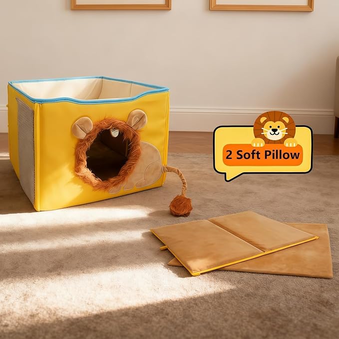 CWV Interactive Cat Toys for Indoor Cats, Kitten Toys with Scratch Pad， Cat Hideaway with Peekaboo Holes, Lion Cat House Cave with Soft Pillow
