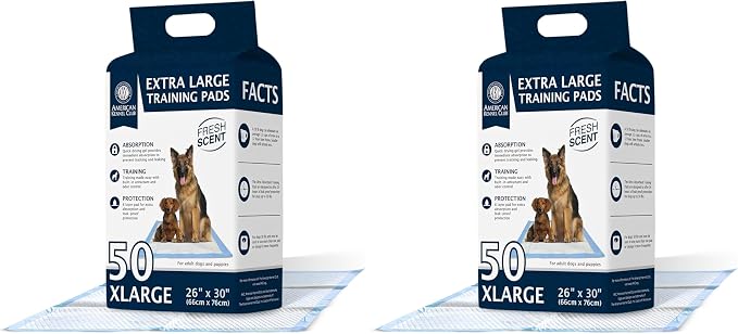 American Kennel Club Scented Puppy Pads –Large Size – 30x26 Ultra Absorbent 6-Layer Pee Pads with Odor Control & Quick-Dry Gel – Fresh Scent – 50 Count (Fresh Scented, 26x30) (Pack of 2)