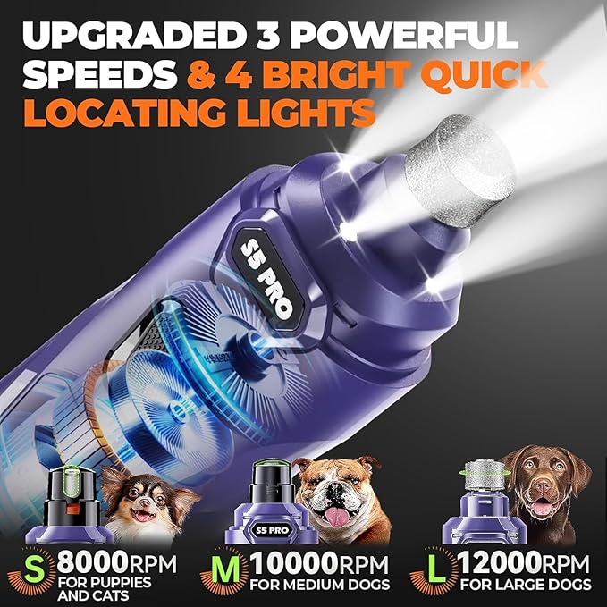 Whisper Quiet Dog Nail Grinder with 4 LED Lights, Safe & Stress-Free for Sensitive Dogs Cats of All Breeds & Sizes, 3 Grinding Bits, 3-Speed, Pet Nail Trimmers, Rechargeable Painless Grooming Kit Blue
