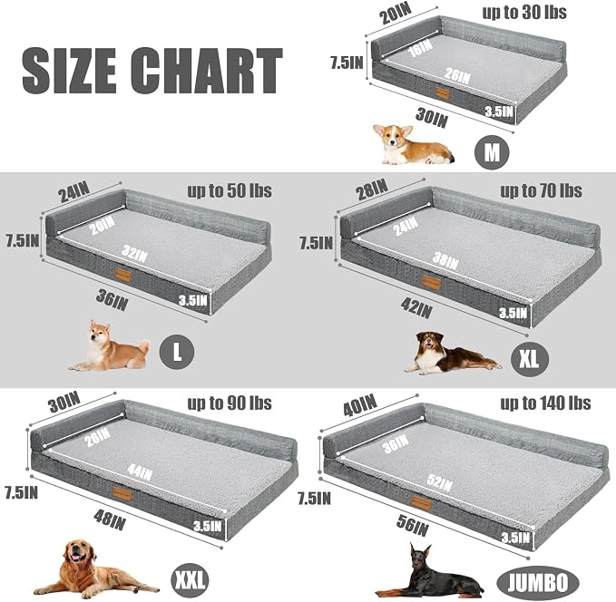 Patas Lague Orthopedic XL Dog Bed Large Sized Dog 42''X28'', Waterproof L Bolster Big Large Pet Sofa Beds with Removable Washable Cover, Soft Pet Couch Crate Mat with Nonskid Bottom, Grey