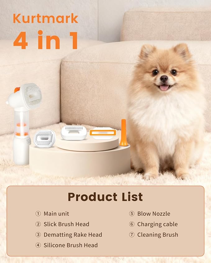 Upgraded kurtmark Vacuum Dog Brush for Shedding, 4-in-1 Self-Cleaning Slicker & Undercoat Rake, Deshedding Grooming Tool, Anti-Static, Massage & Combing All In One!